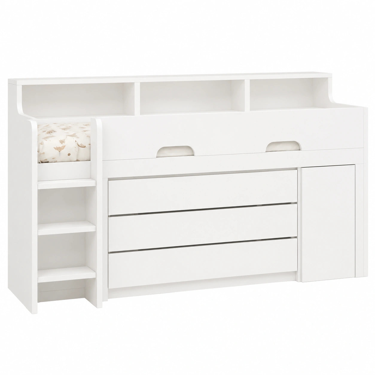 Letto a soppalco multifunzionale bianco con cassetti e scrivania integrata, 90x200 cm