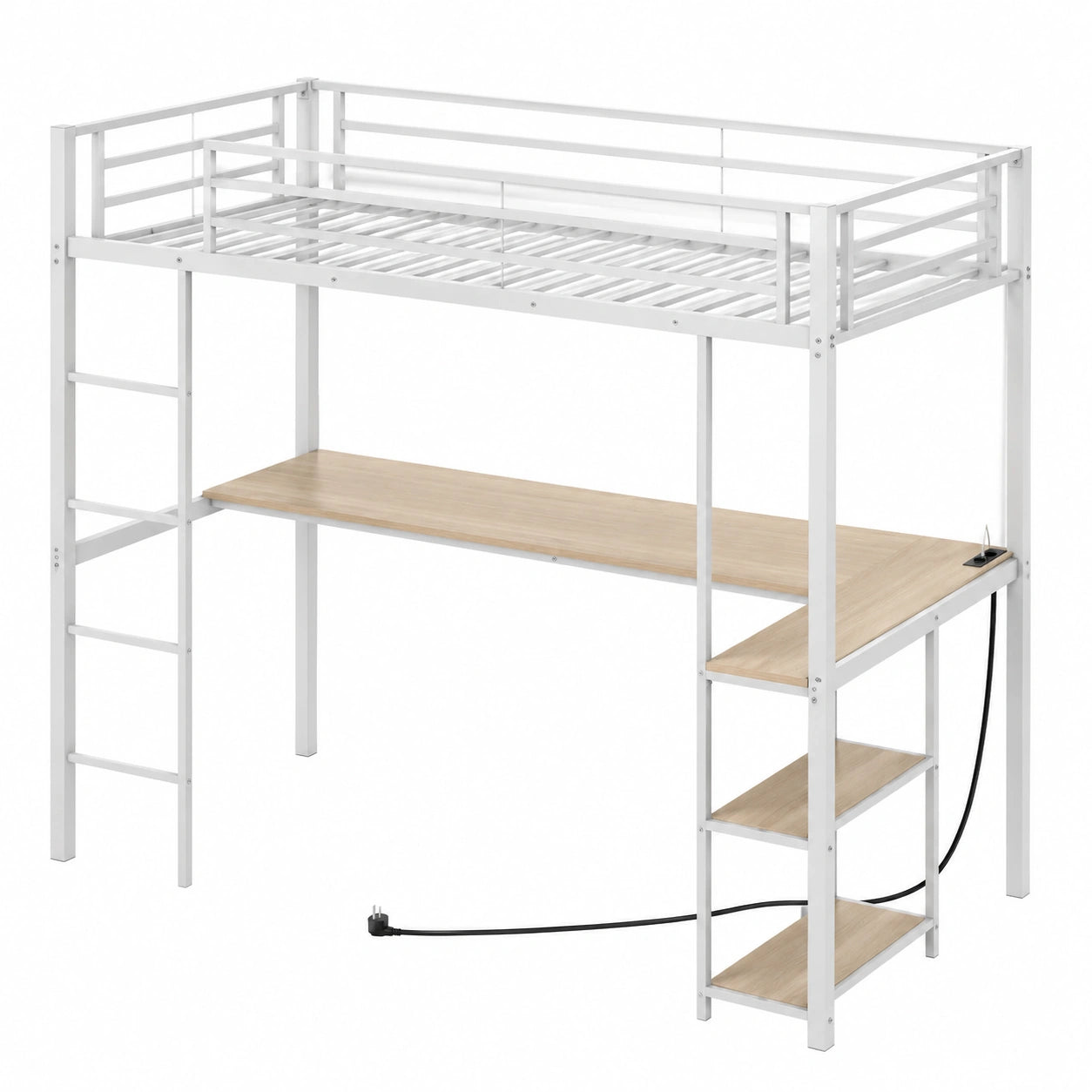 Letto a Soppalco con Scrivania e Luci LED, 90x200 cm, Barriere di Sicurezza, Rete Metallica, Argento