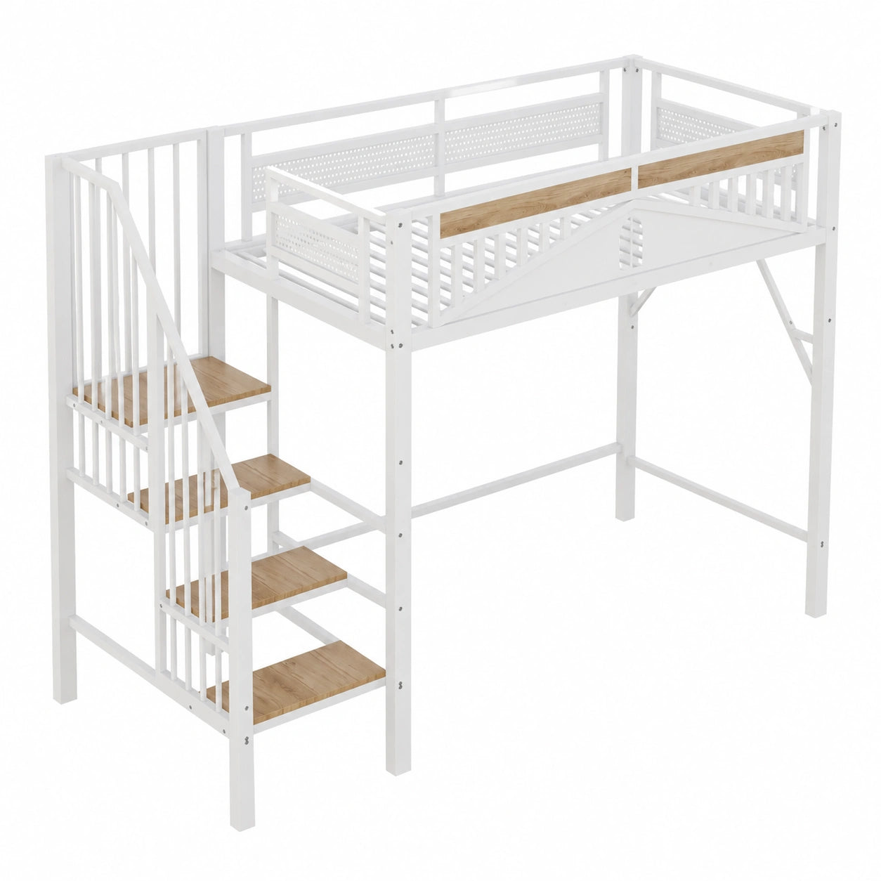 Letto a Soppalco Singolo in Metallo 90x200 cm con Scaletta e Parapetto di Sicurezza Bianco, Spazio Sottostante per Bambini e Adolescenti