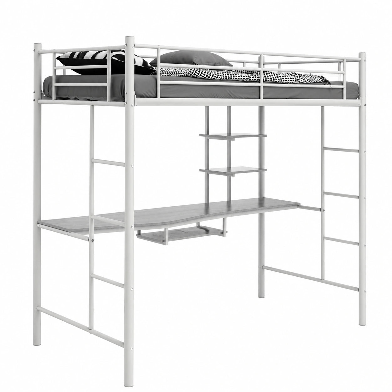 Letto a Soppalco in Metallo con Scrivania Integrata e Scaffali, Design Versatile con Scale e Barre di Sicurezza, Bianco