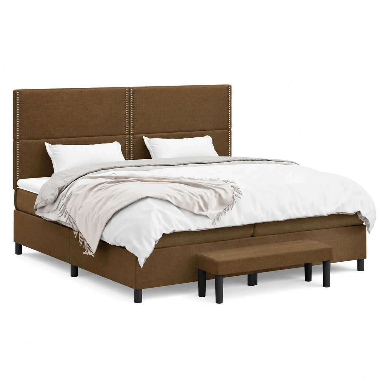 Letto Matrimoniale in Ferro con Giroletto a Molle e Materasso in Tessuto Marrone Scuro 200x200cm
