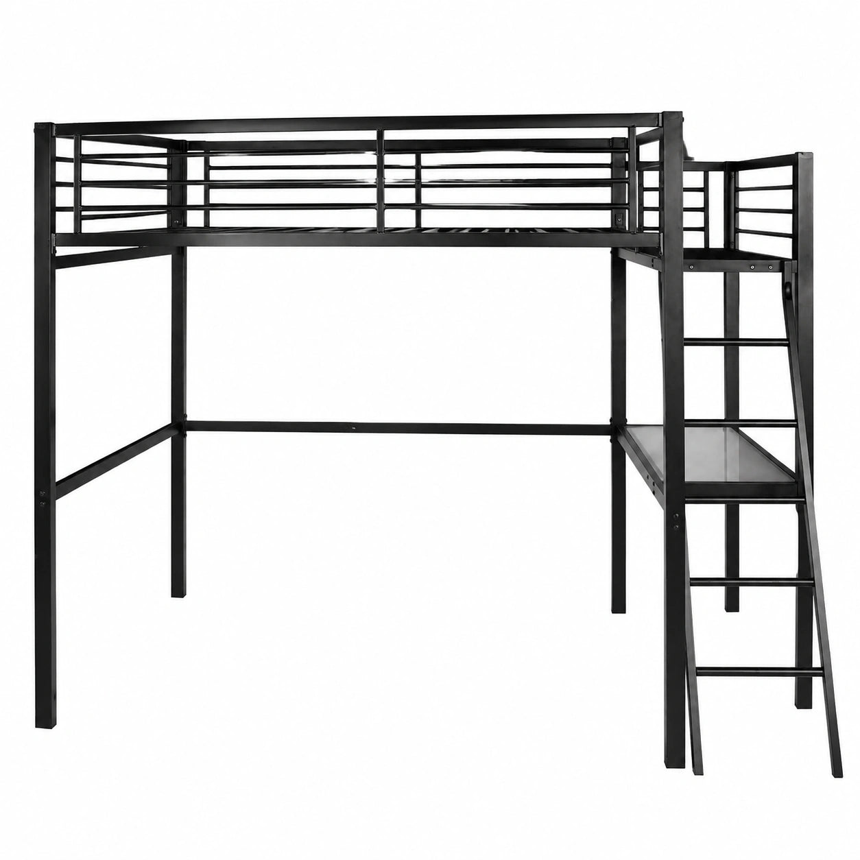 Letto a Soppalco Industriale 140x190 cm con Scrivania in Vetro e Metallo, Nero
