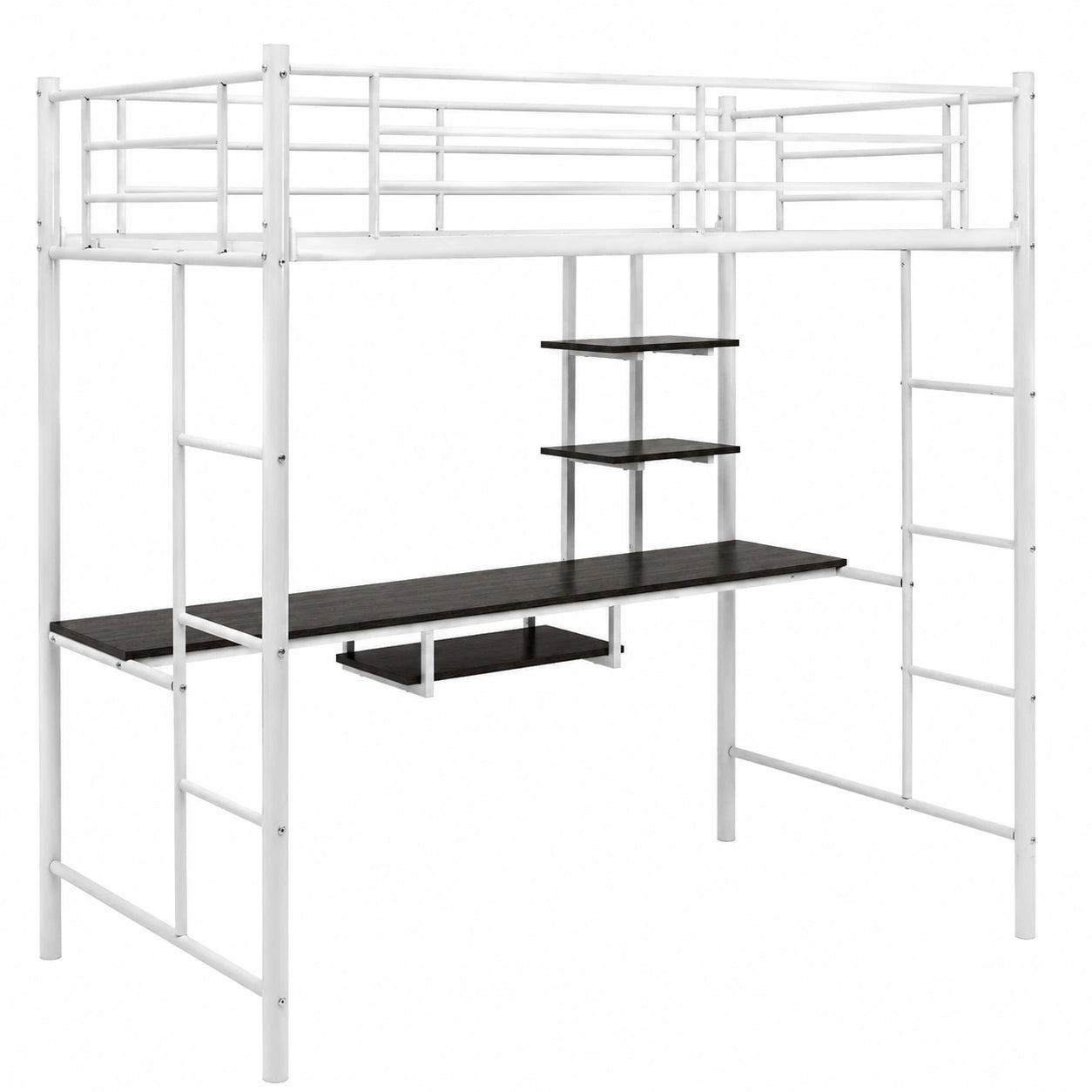 Letto a soppalco 90x190 cm con scrivania e scaffali, struttura in metallo per bambini e adulti, bianco