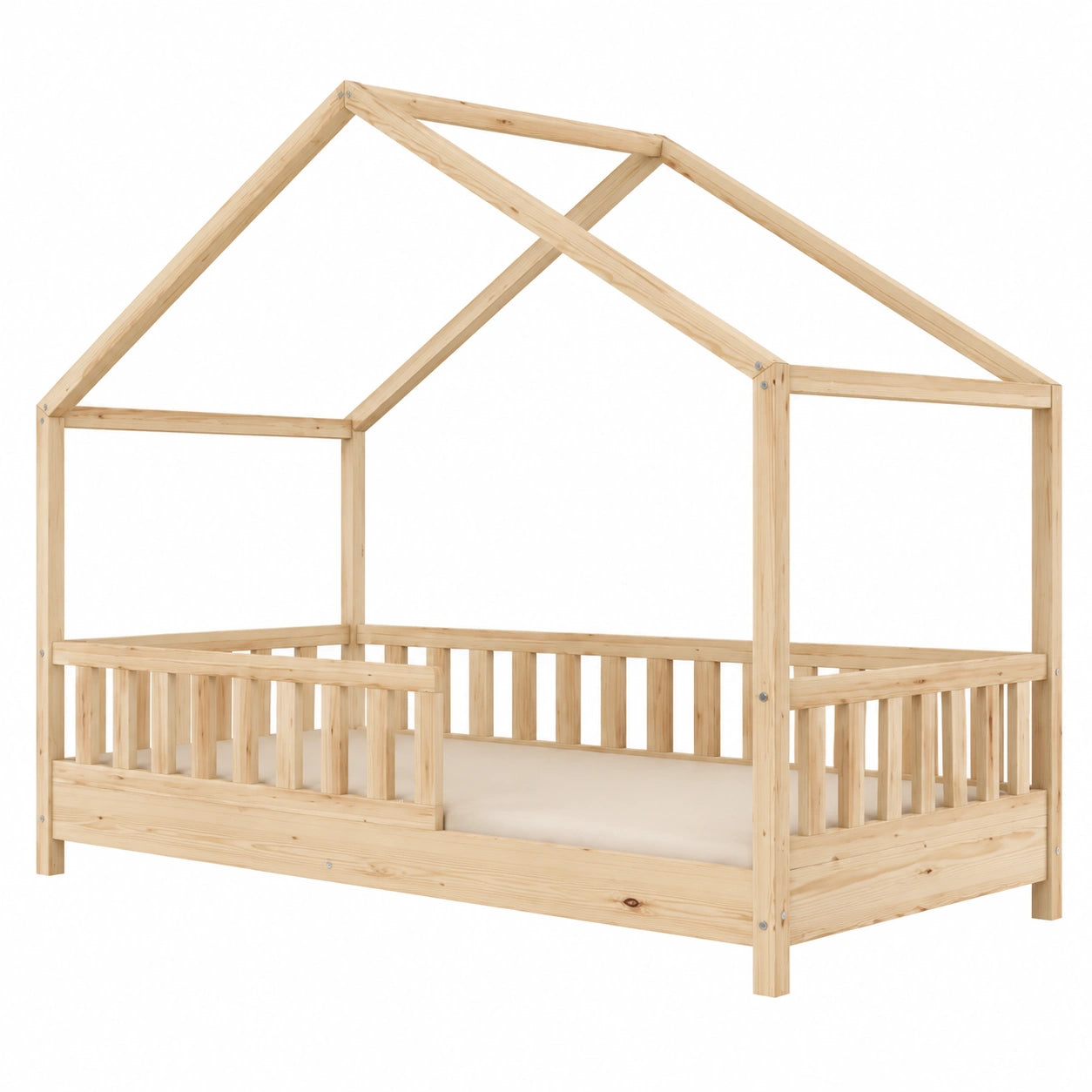 Letto Casetta Montessori in Legno Naturale con Barriera Removibile e Piedini Regolabili 190x90 cm