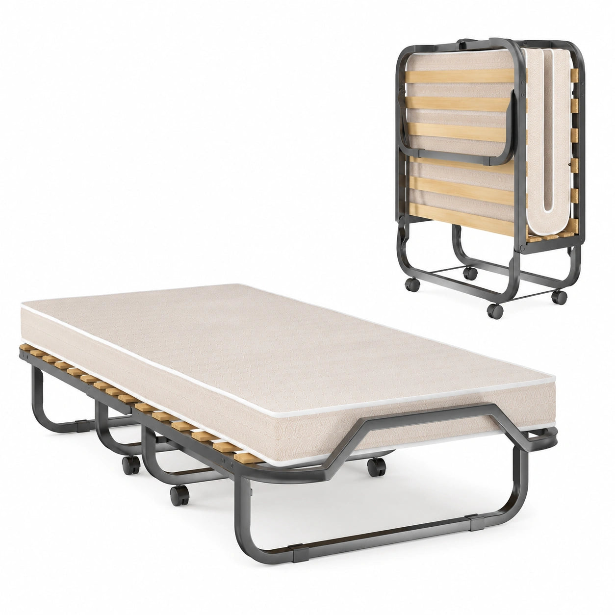 Letto Singolo Pieghevole con Materasso 10 cm, Portata 120 kg, Ruote e Gambe in Metallo, 90x200 cm
