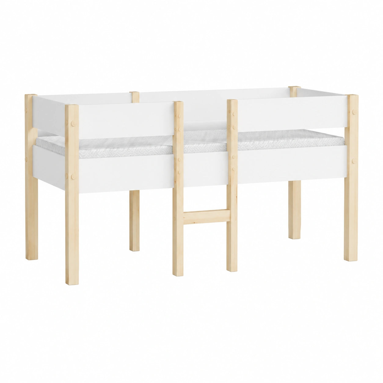 Letto a soppalco per bambini in legno massiccio, 90x190 cm, bianco e rovere, con contenitore e protezione antincaduta