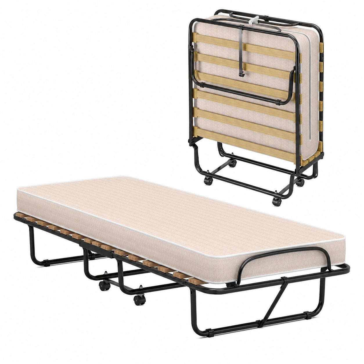 Letto Pieghevole COSTWAY con Materasso Memory, Struttura Robusta e Ruote, 190x80x33 cm, Beige