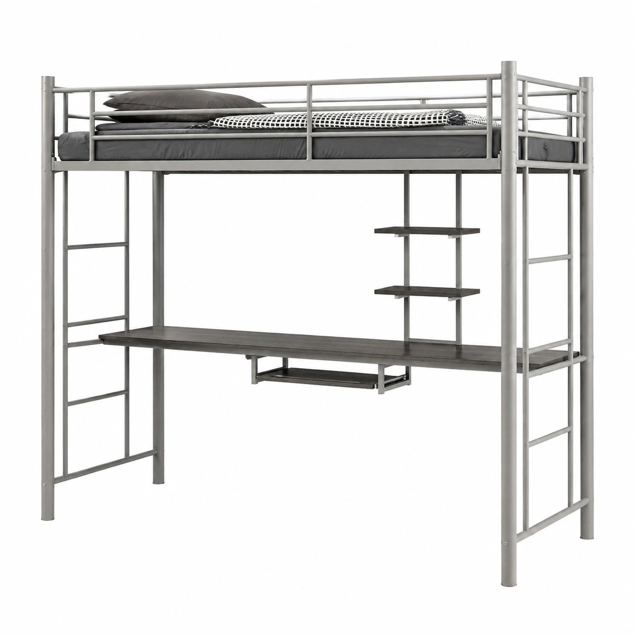 Letto a Soppalco in Metallo con Scrivania e Scale, Design Salvaspazio per Adolescenti e Adulti, 200x95x180,5 cm (Argento)