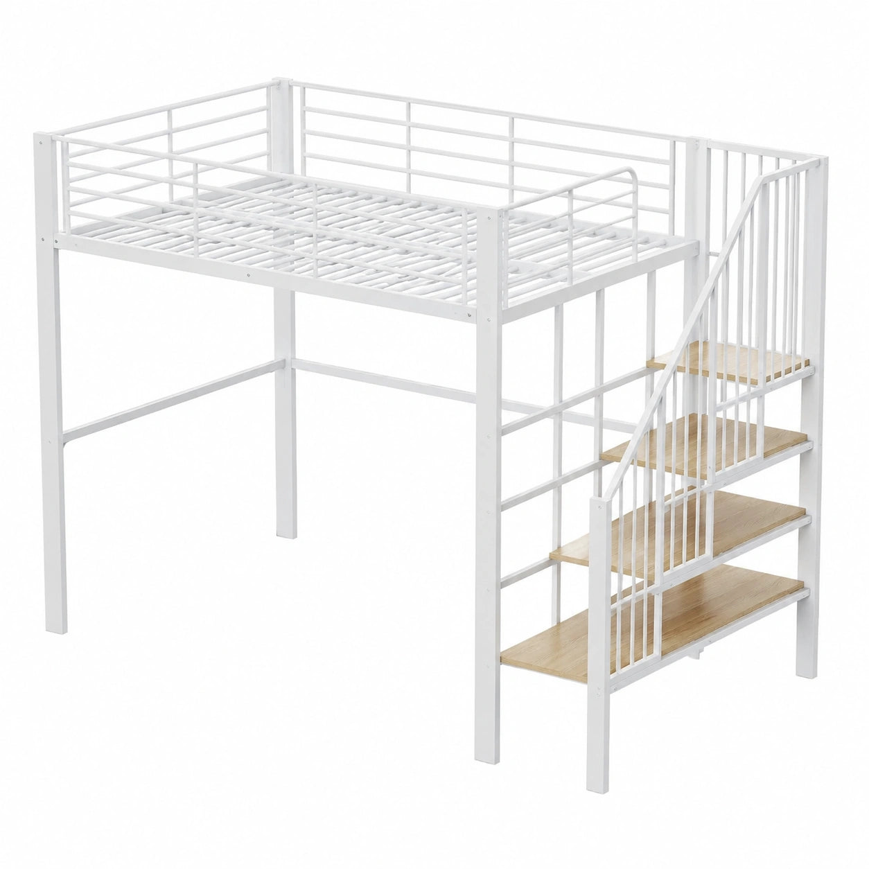 Letto a Soppalco Matrimoniale in Metallo 140x200 cm con Scala Sicura e Ripiani, Bianco